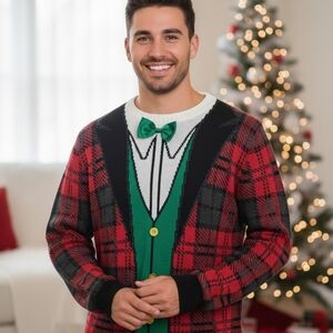 Ugly Christmas Sweater Red and Green Plaid Tuxedo XL